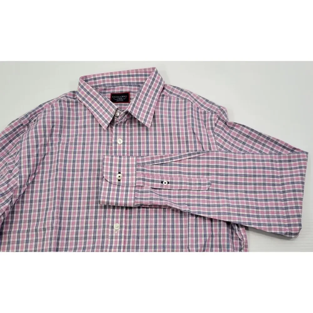 F6) UNTUCKit Men Checkered Cotton Long Sleeve Button Down Slim Fit Shirt Large